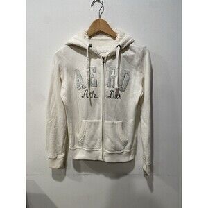 Y2K Aeropostale Faux Fur Sherpa Lined Hoodie women Sz XS White Full Zip Up